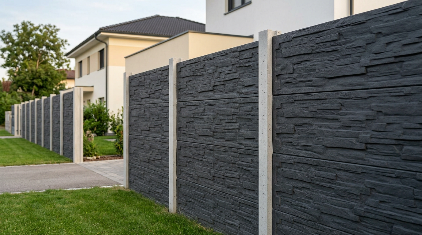 Betonzaun in Anthrazit mit glatten Betonsäulen – VARORA Referenzprojekt